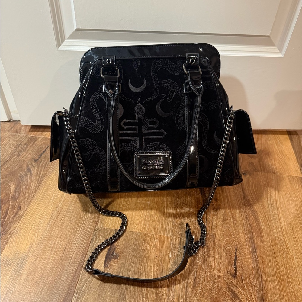 Killstar Black Patent Snake & Occult Print Shoulder Bag